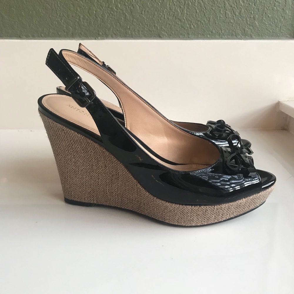 Antonio Melani Black Patent Peep Toe Wedges 8M